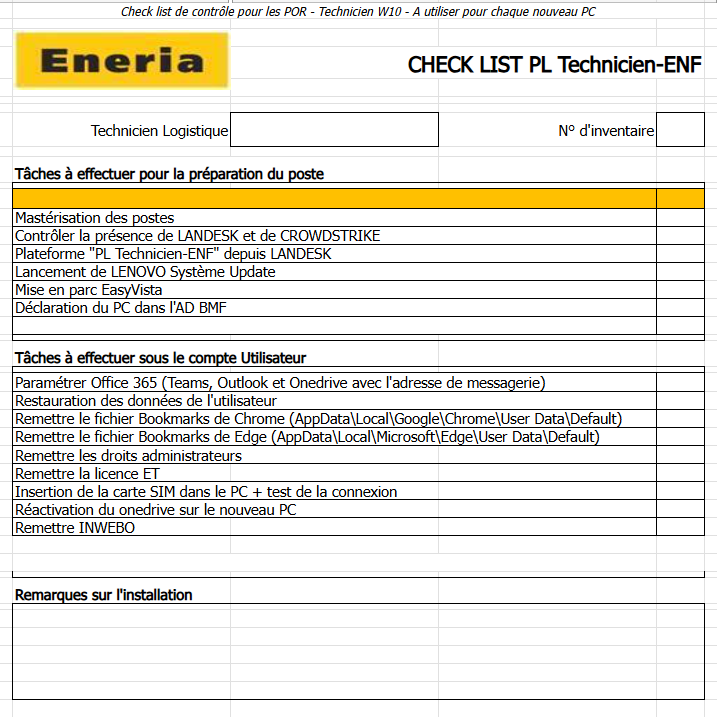 Checklist technicien utilisée pour le changement des PC